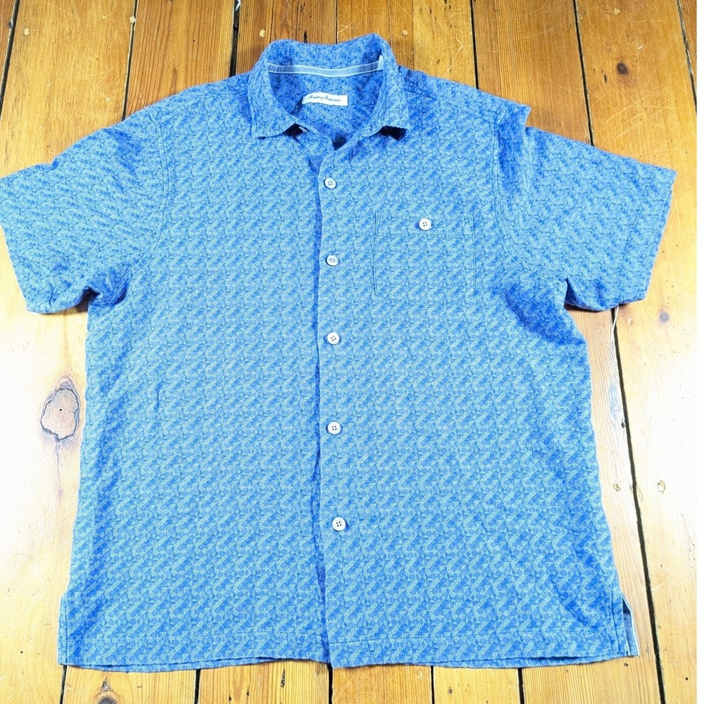 Tommy Bahama Men's L Shirt Blue Silk Cotton Short Sleeve Geometric Print Beach